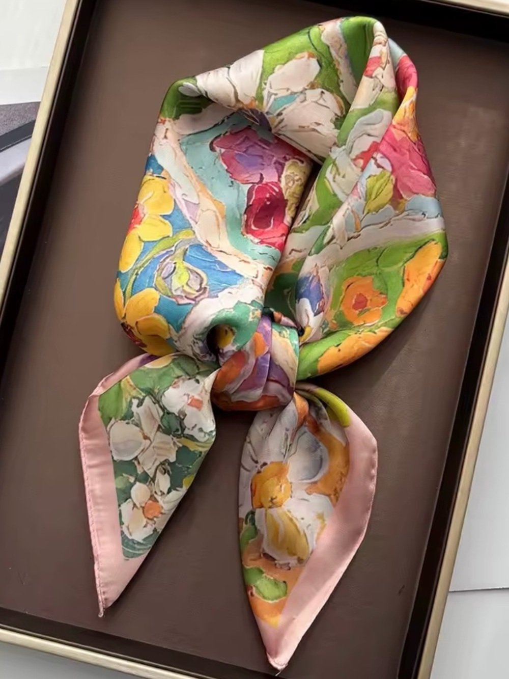 Kohl's Floral Multicolor Silk-Feel Scarf with Pink Trim